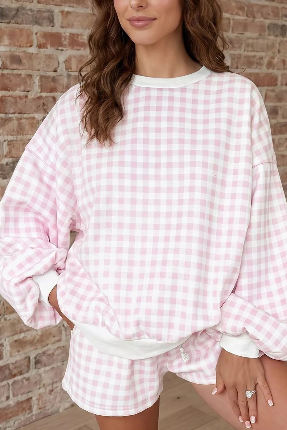 Pink Row matching sets featuring a blush pink gingham lounge set