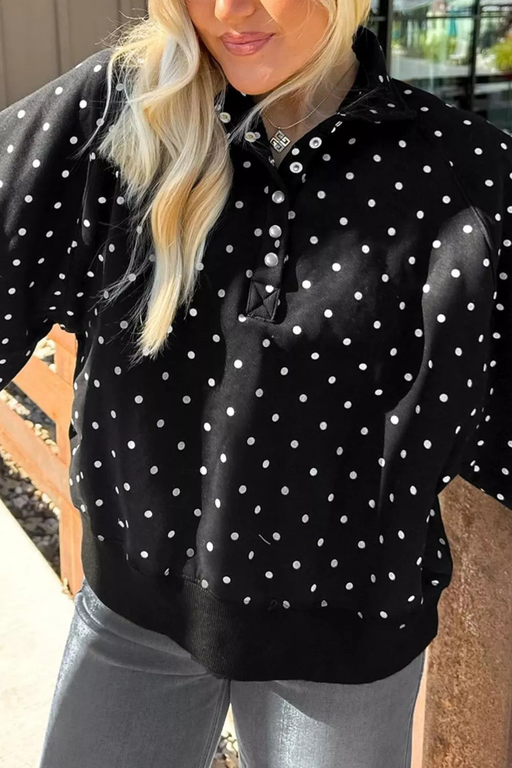 Camille Polka Dot Snap-Button Sweatshirt – Black in Black, product image 4