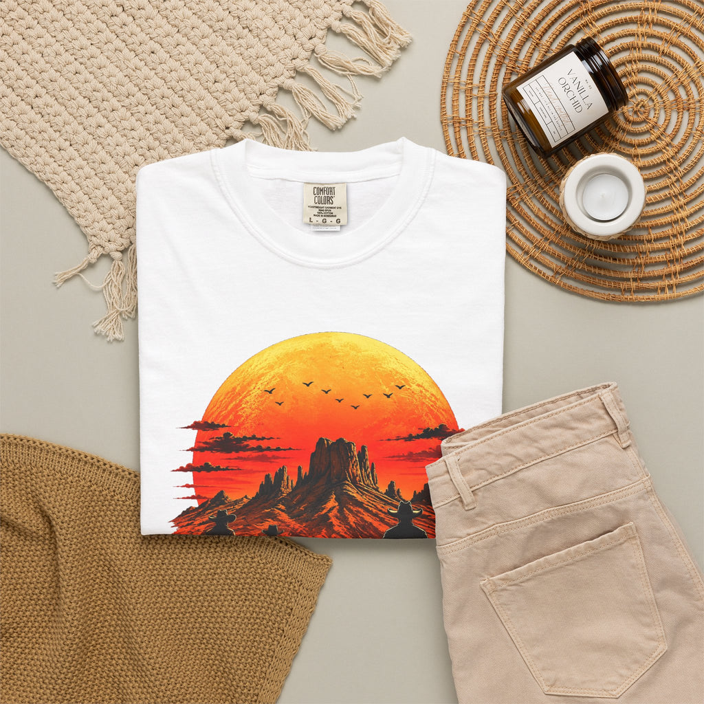 White Western Sunset Riders graphic tee in neutral flat-lay styling