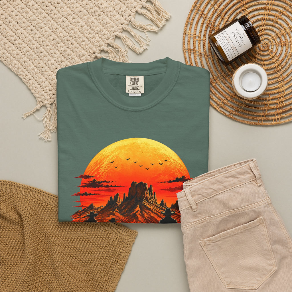 Blue Spruce Western Sunset Riders graphic tee in neutral flat-lay styling