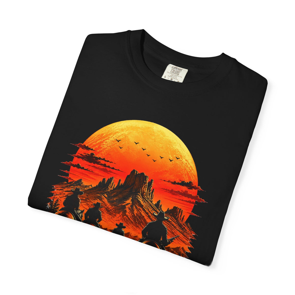 Western Sunset Riders artwork close-up on Black Comfort Colors tee