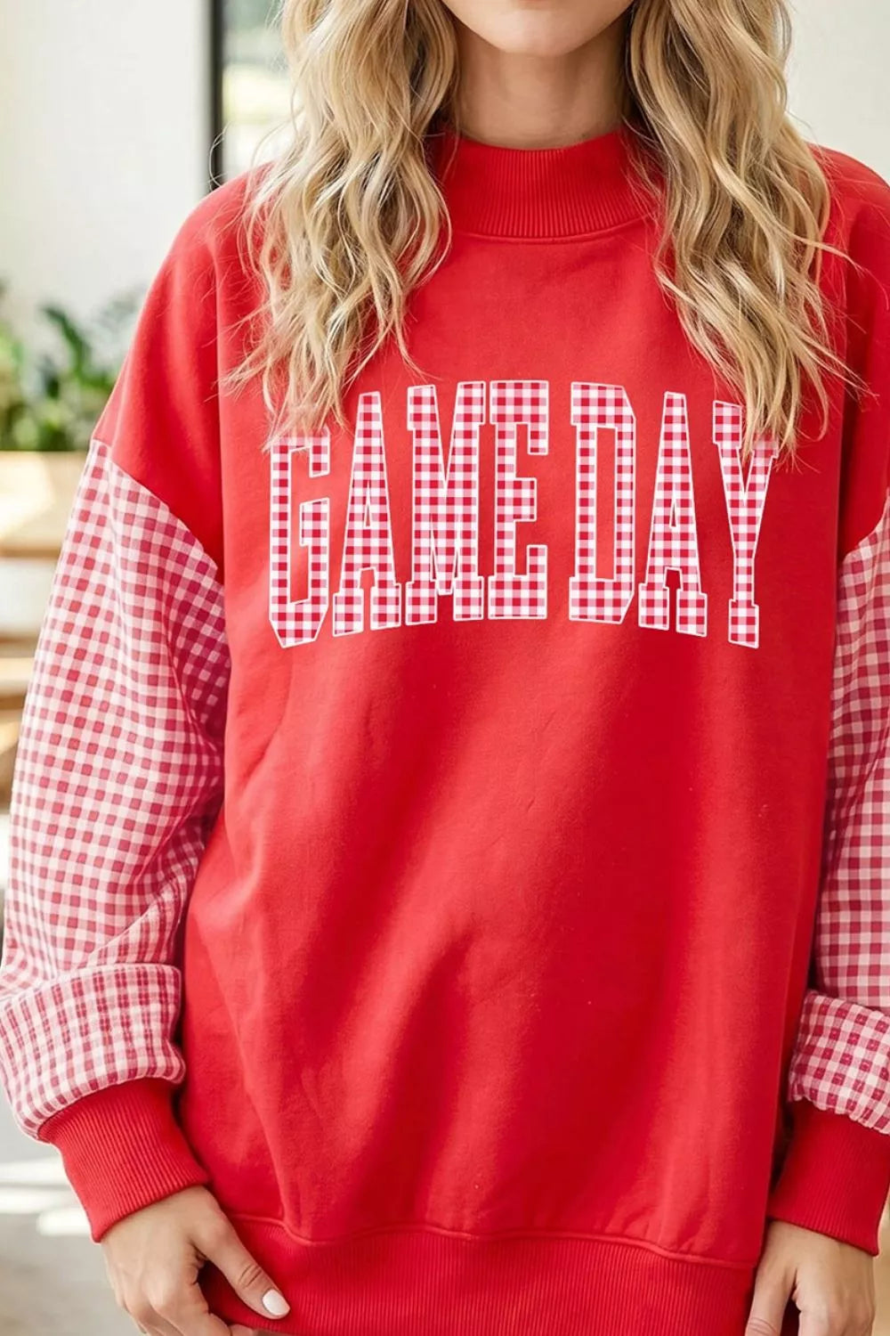 Game Day Plaid-Sleeve Sweatshirt – Red in Red, product image 3