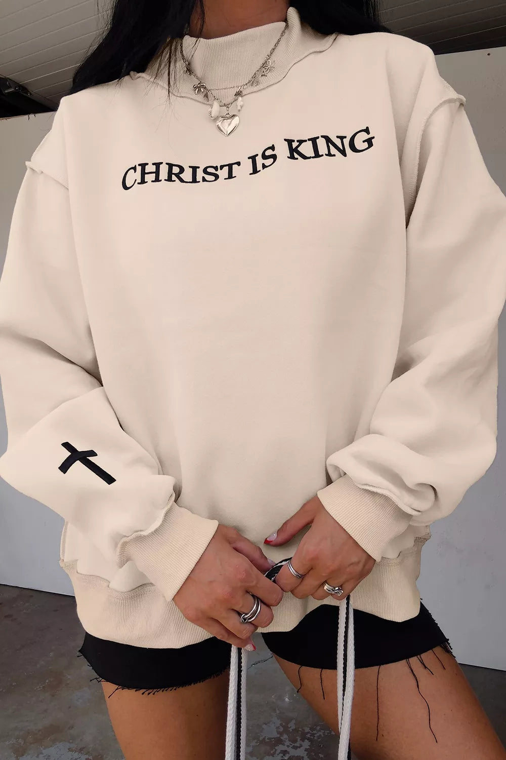 Christ Is King Embroidered Sweatshirt – Beige in Beige, product image 2