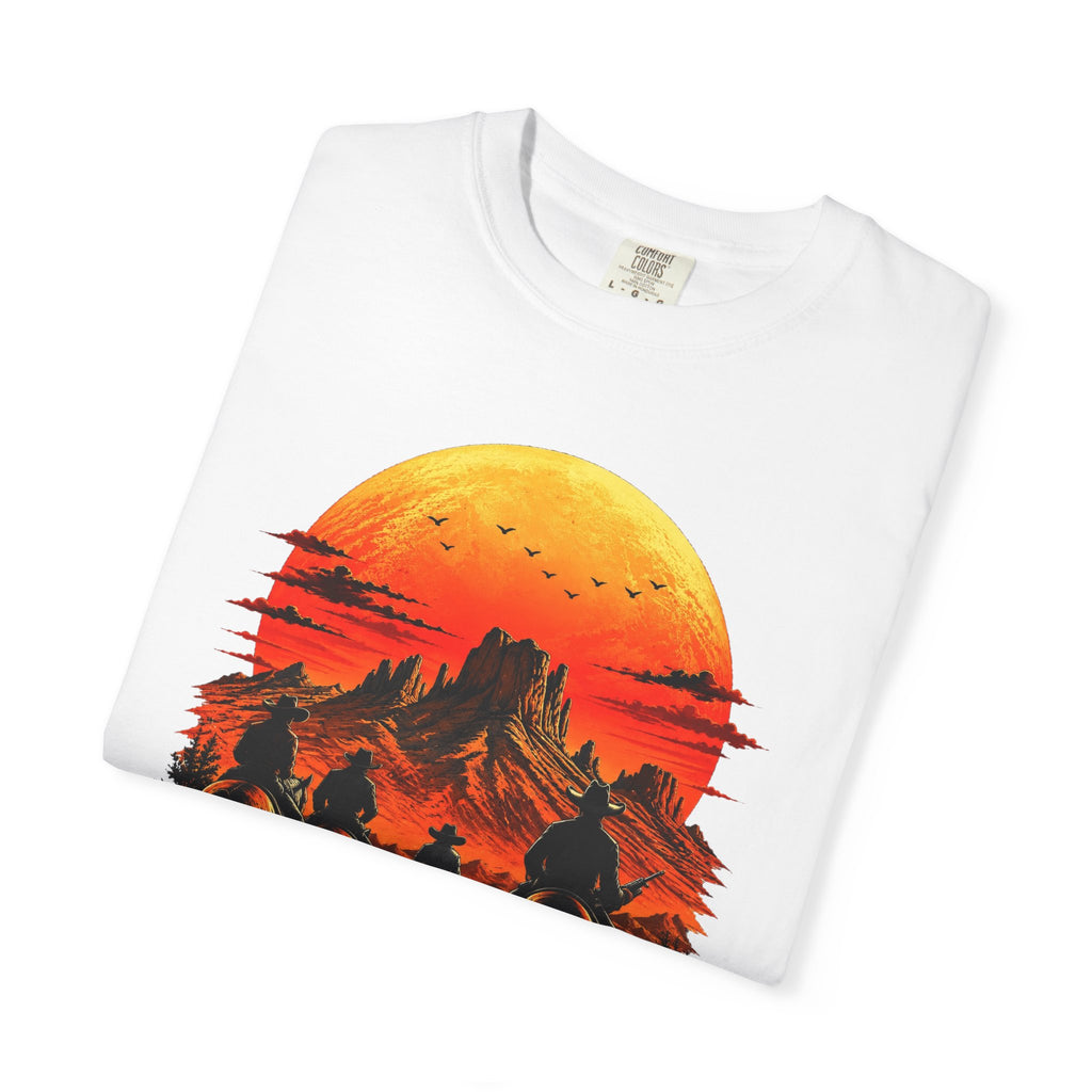 Western Sunset Riders artwork close-up on White Comfort Colors tee