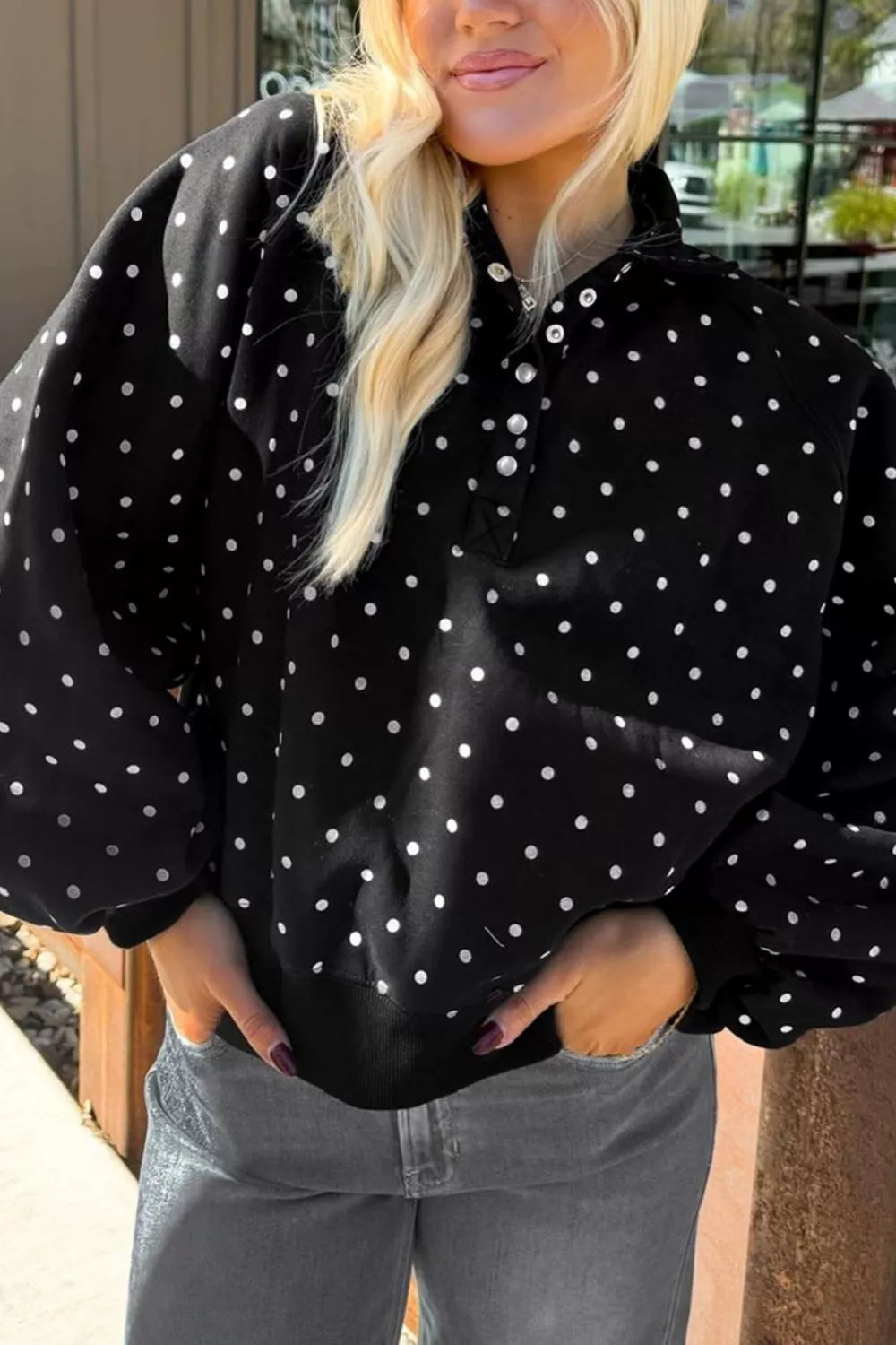 Camille Polka Dot Snap-Button Sweatshirt – Black in Black, product image 2