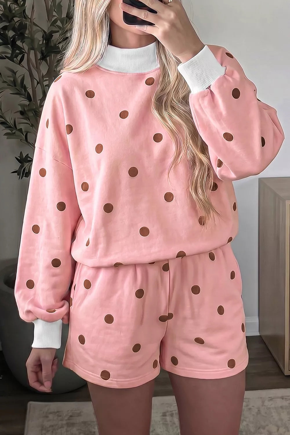 Dottie Polka Dot Lounge Set – Pale Blush in Pale Blush styled on model