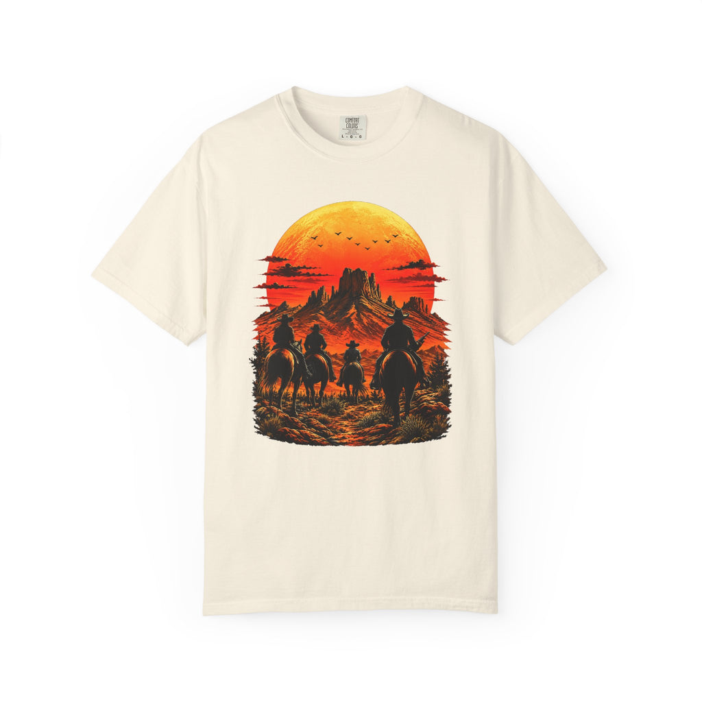 Western Sunset Riders Comfort Colors graphic tee in Ivory, front view