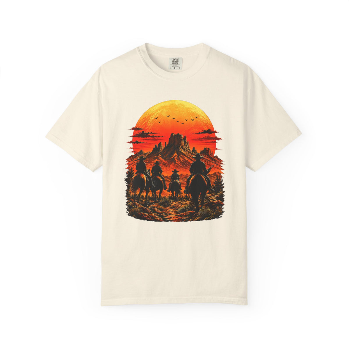 Western Sunset Riders Comfort Colors graphic tee in Ivory, front view