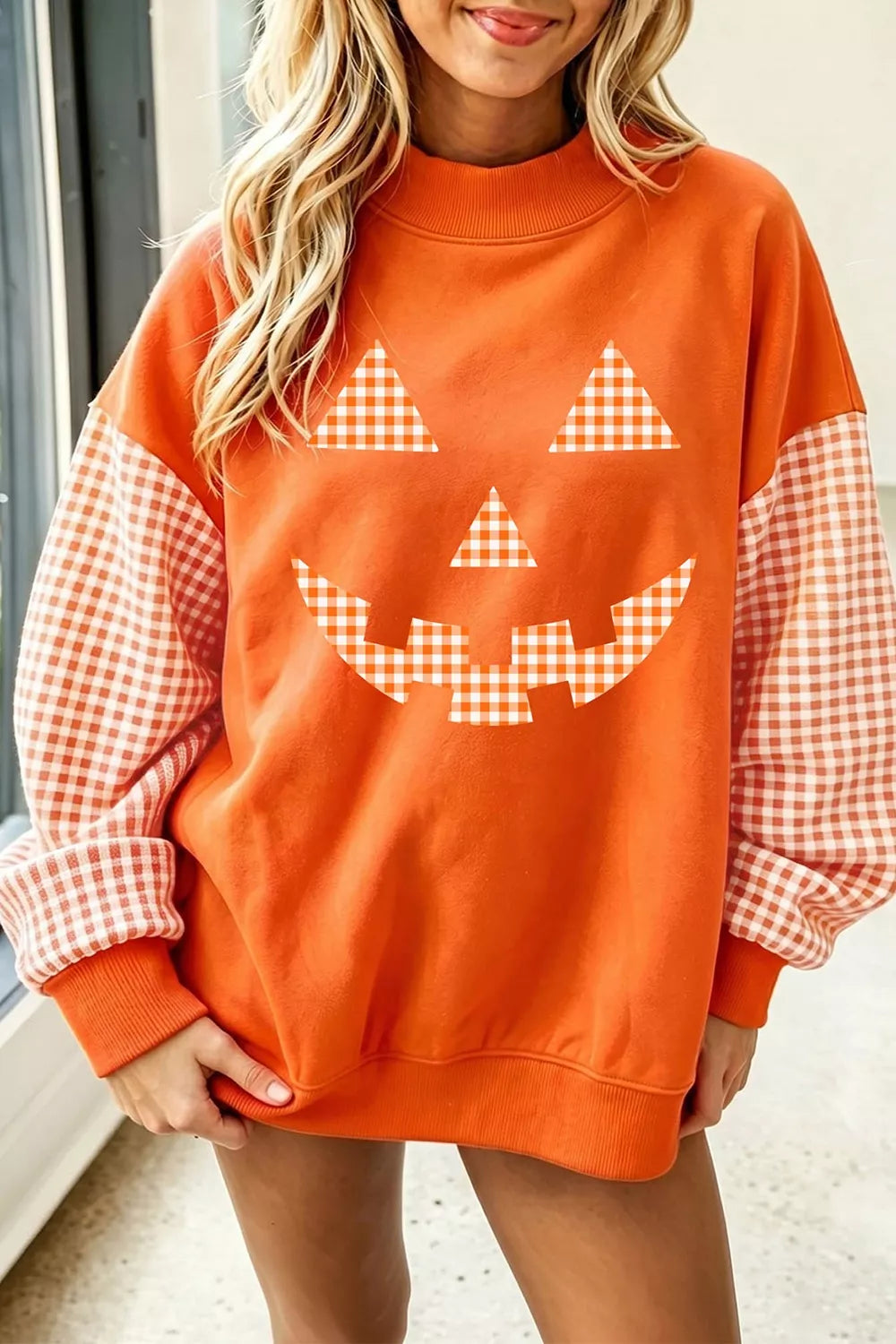 Pumpkin Patch Plaid-Sleeve Sweatshirt – Orange in Orange, product image 2