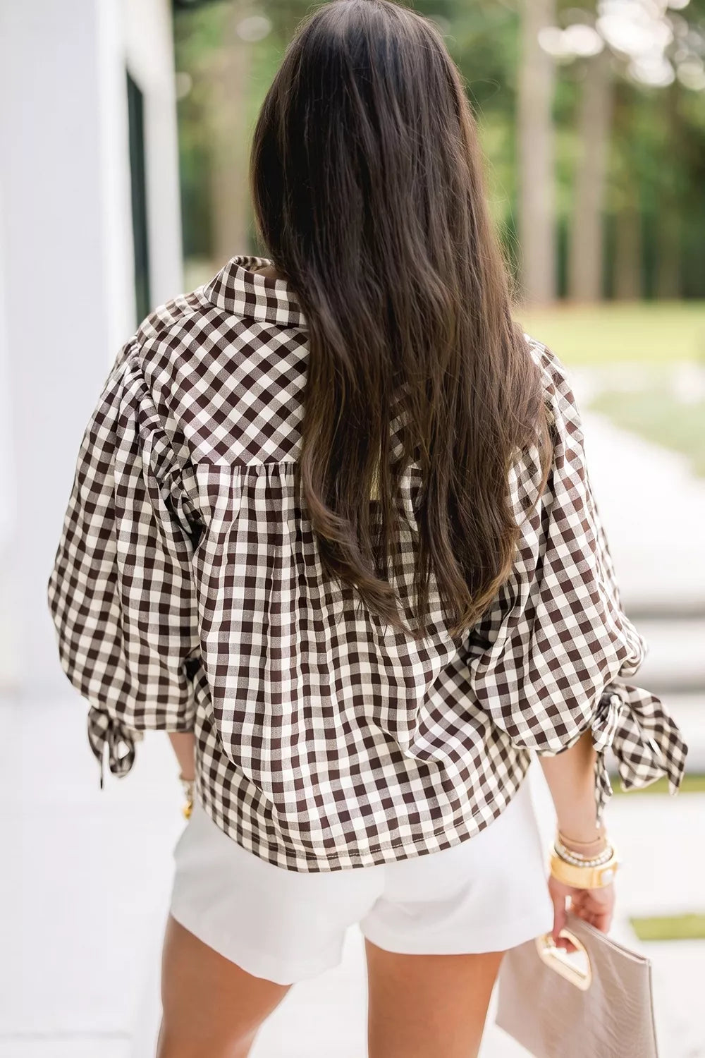 Maren Gingham Tie-Sleeve Blouse – Brown in Brown, product image 2