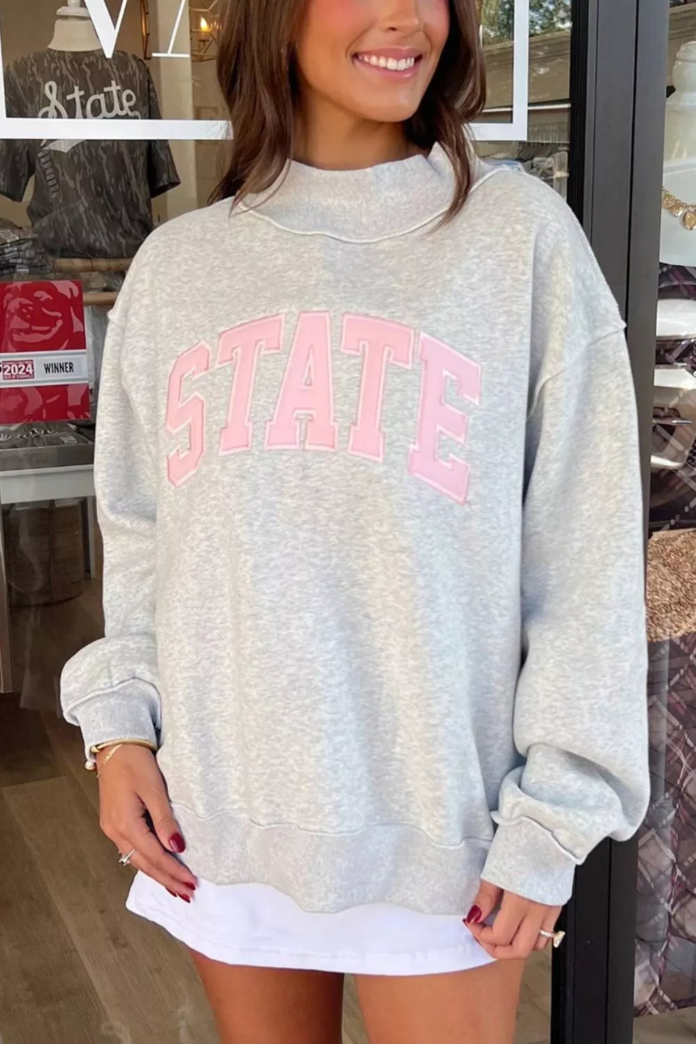 State Spirit Oversized Sweatshirt – Gray in Gray styled on model
