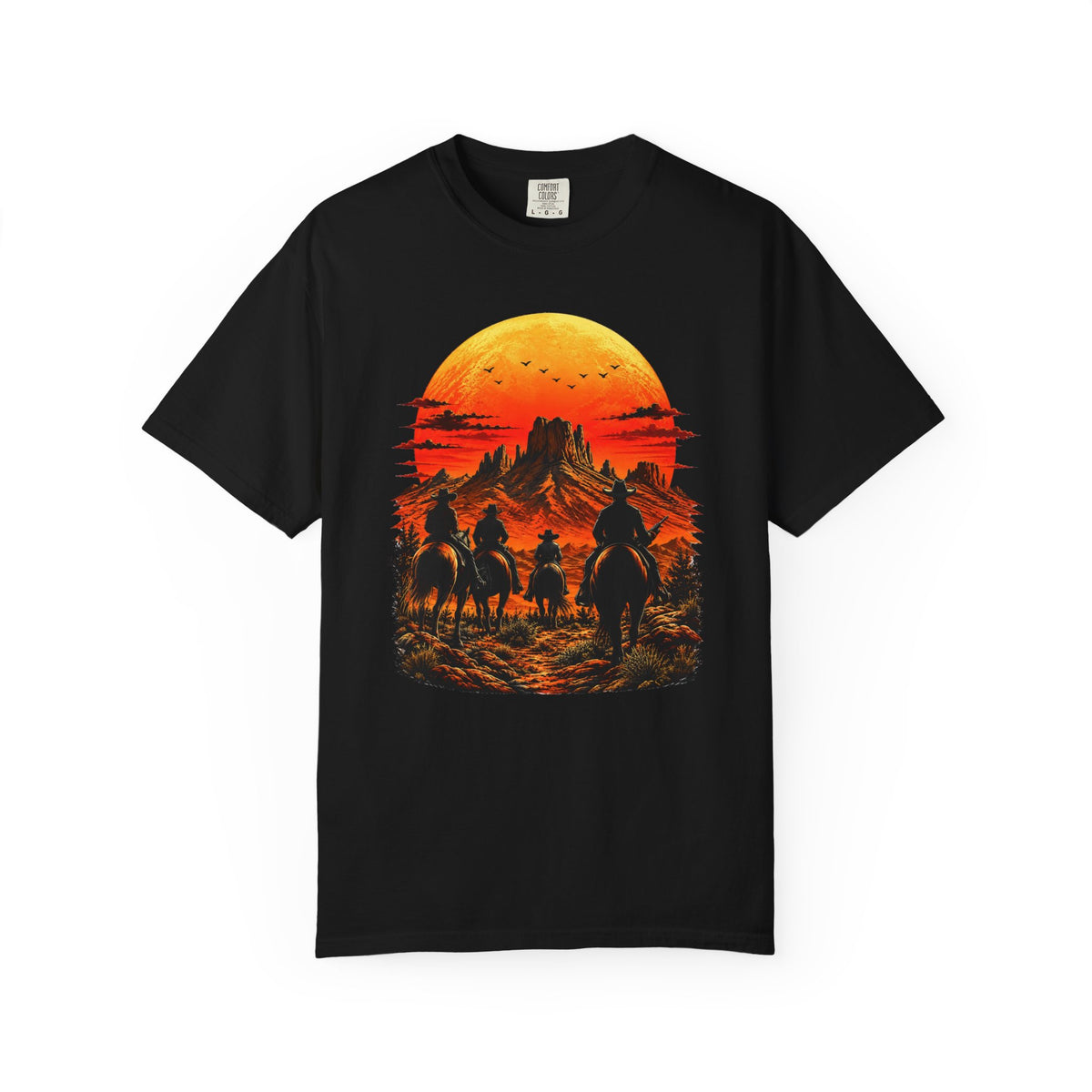 Western Sunset Riders Comfort Colors graphic tee in Black, front view