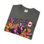 Gothic Scream Mask Lounge T‑Shirt — Retro Halloween Couch Art Tee