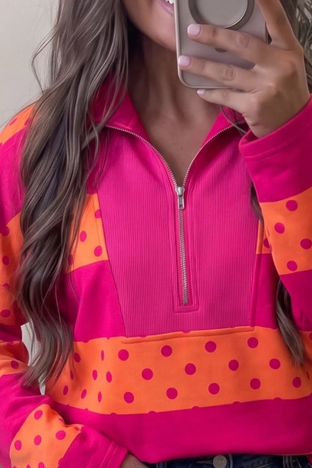 Lottie Polka Dot Quarter-Zip Sweatshirt – Hot Pink in Hot Pink, product image 3