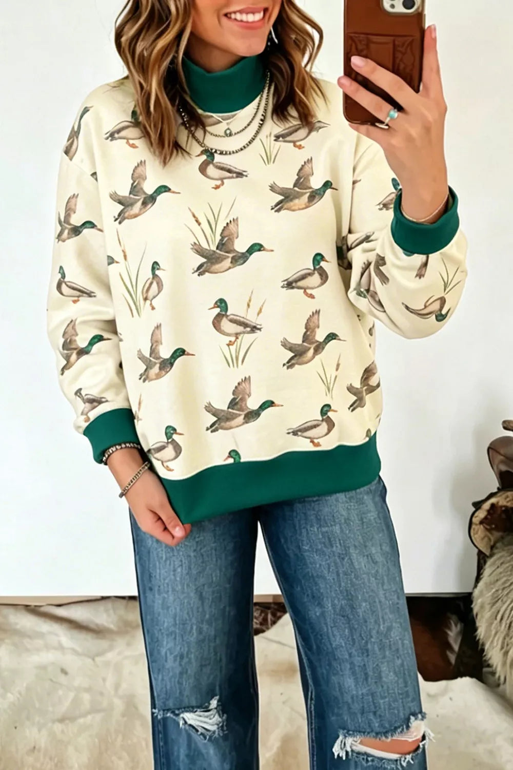 Duck Club Mock-Neck Sweatshirt – Beige in Beige styled on model