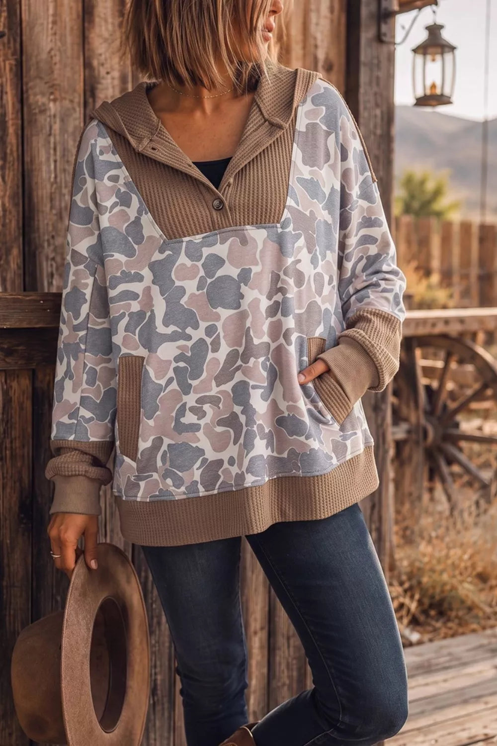 Aspen Camo Waffle Half-Zip Hoodie – Mocha in Mocha styled on model