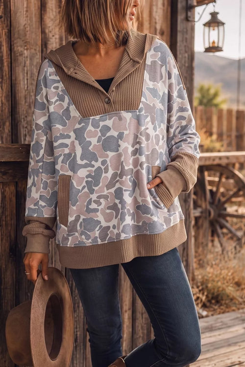 Aspen Camo Waffle Half-Zip Hoodie – Mocha in Mocha styled on model
