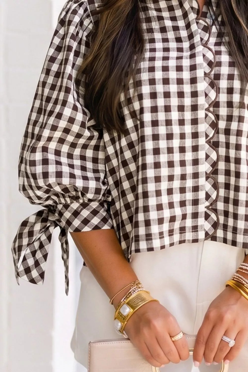 Maren Gingham Tie-Sleeve Blouse – Brown in Brown, product image 3