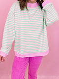 Brighton Striped Oversized Sweatshirt – Multi in Stripe styled on model