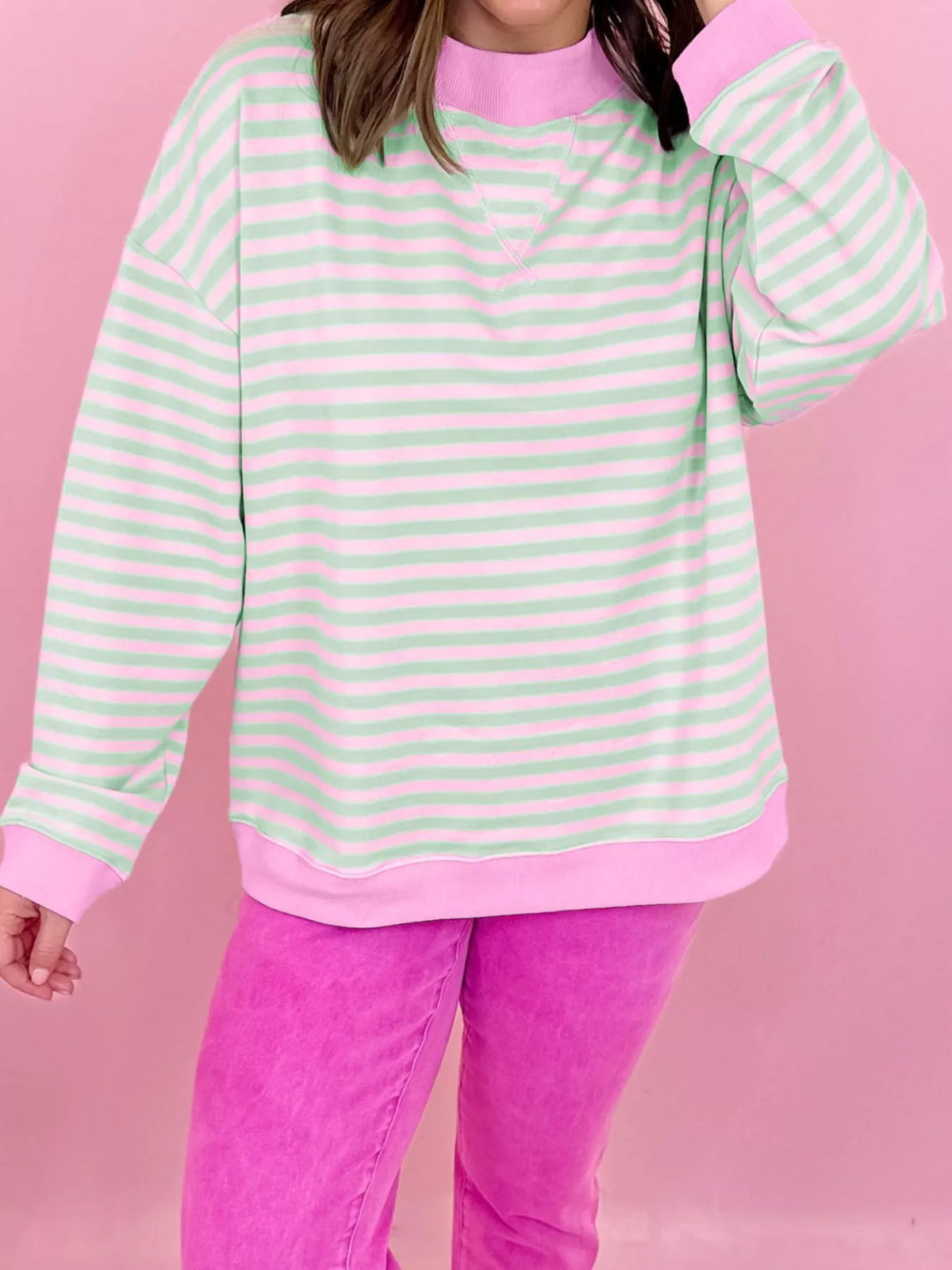 Brighton Striped Oversized Sweatshirt – Multi in Stripe styled on model