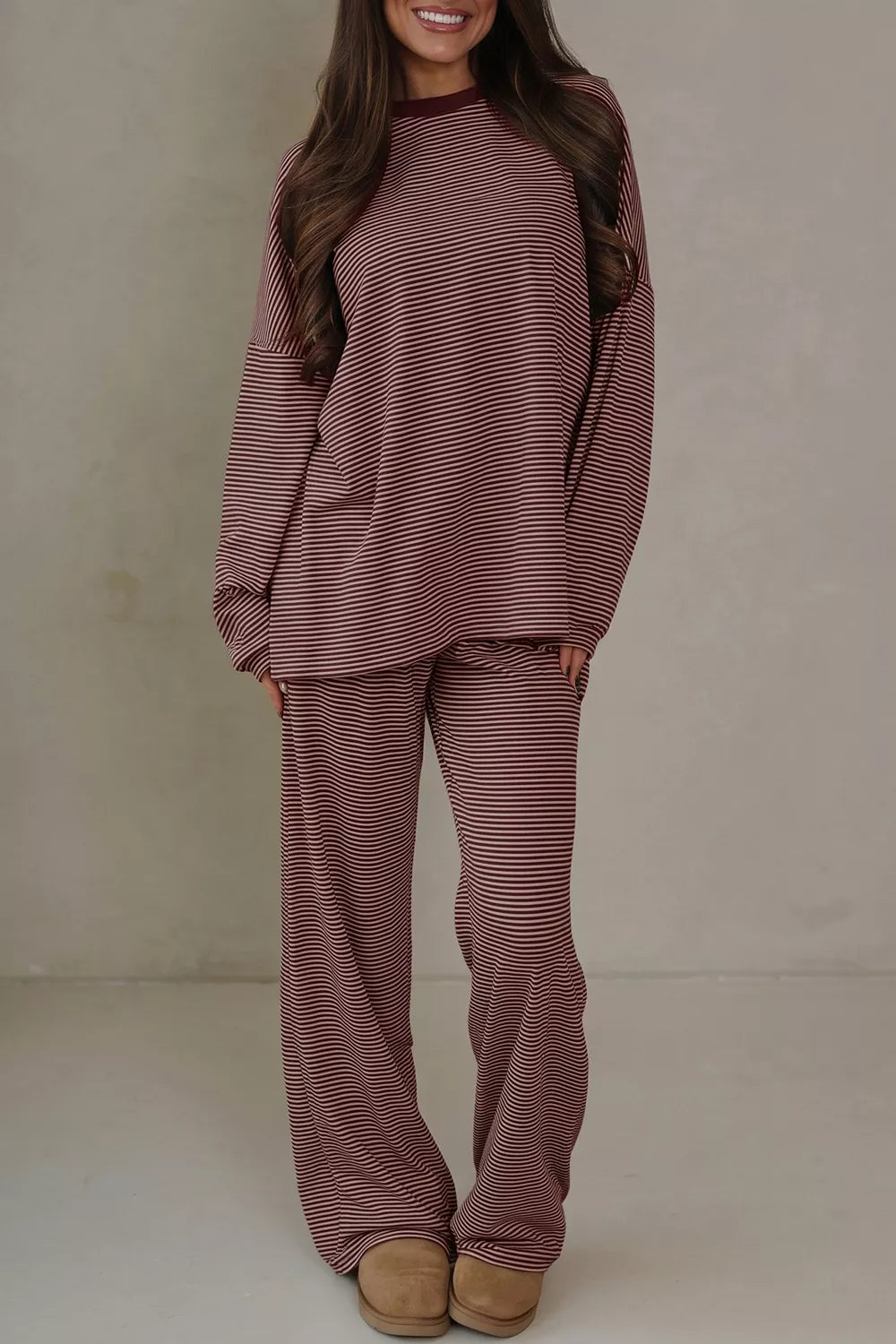 Mocha Muse Striped Wide-Leg Lounge Set – Brown in Brown styled on model