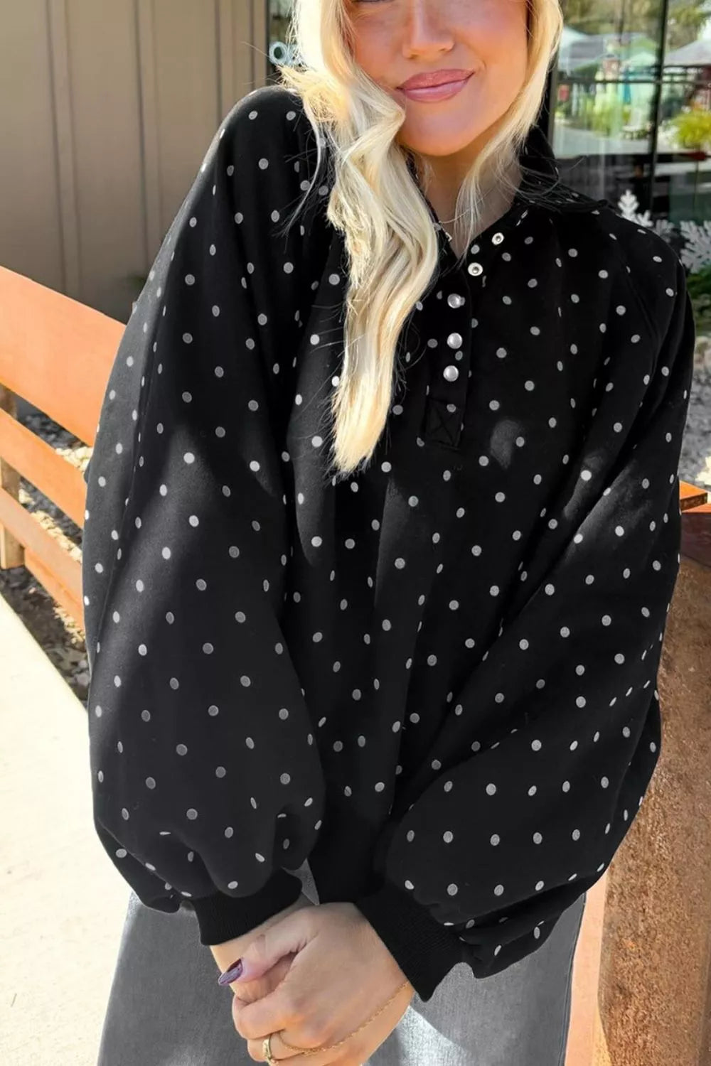 Camille Polka Dot Snap-Button Sweatshirt – Black in Black, product image 3
