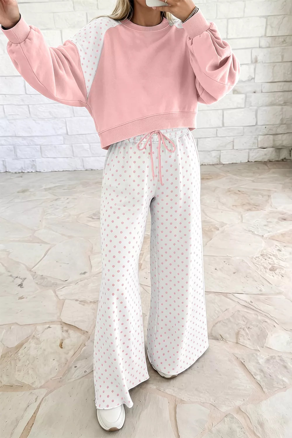 Millie Polka Dot Cropped Two-Piece Set in Pale Blush and Light Blue, product image 3