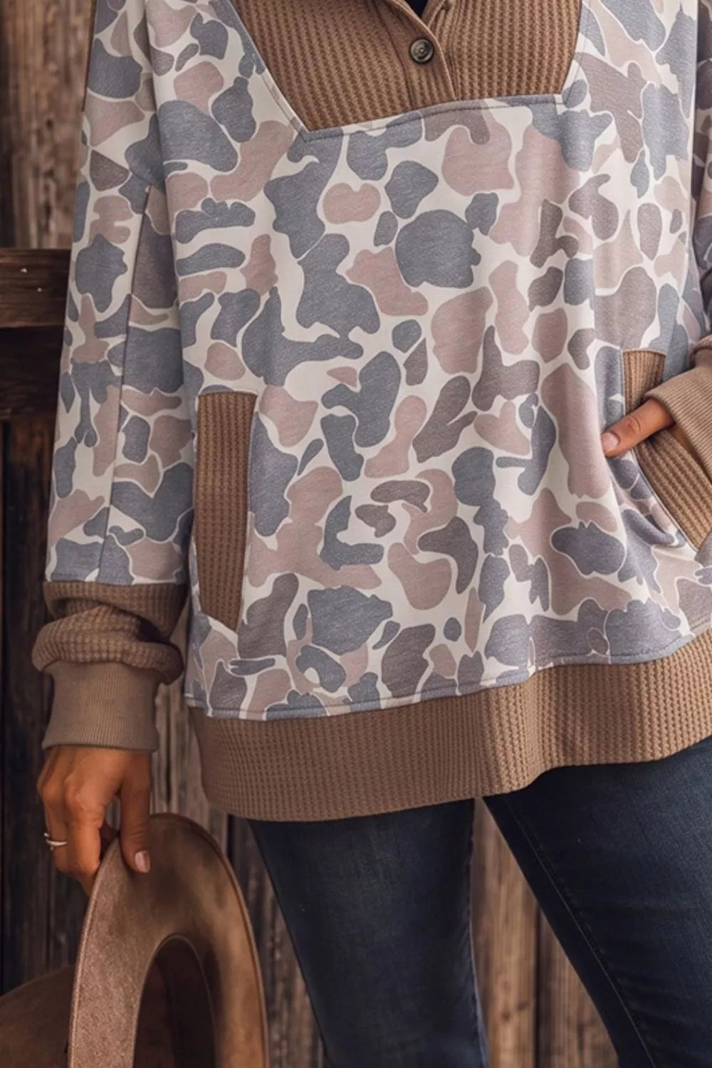 Aspen Camo Waffle Half-Zip Hoodie – Mocha in Mocha, product image 3