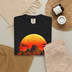 Black Western Sunset Riders graphic tee styled with neutral denim flat lay