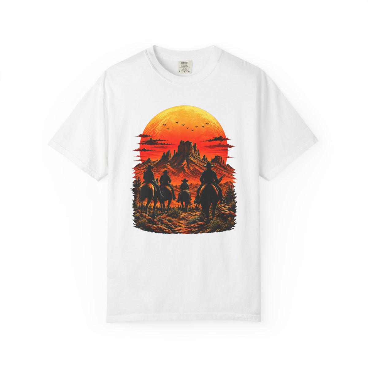 Western Sunset Riders Comfort Colors graphic tee in White, front view