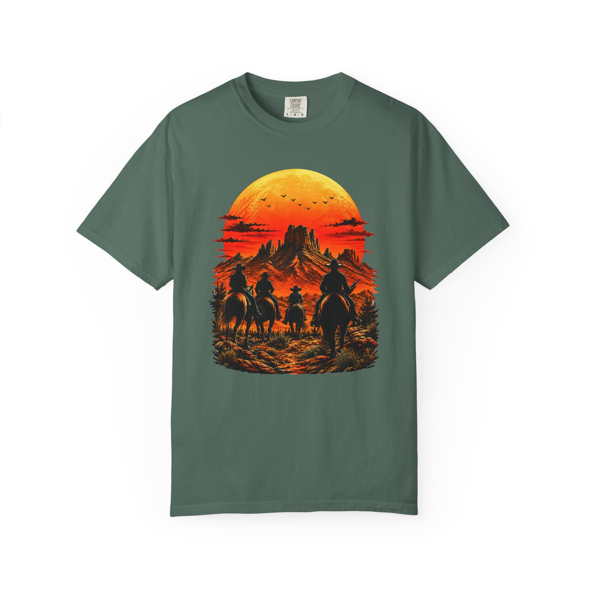 Western Sunset Riders Comfort Colors graphic tee in Blue Spruce, front view