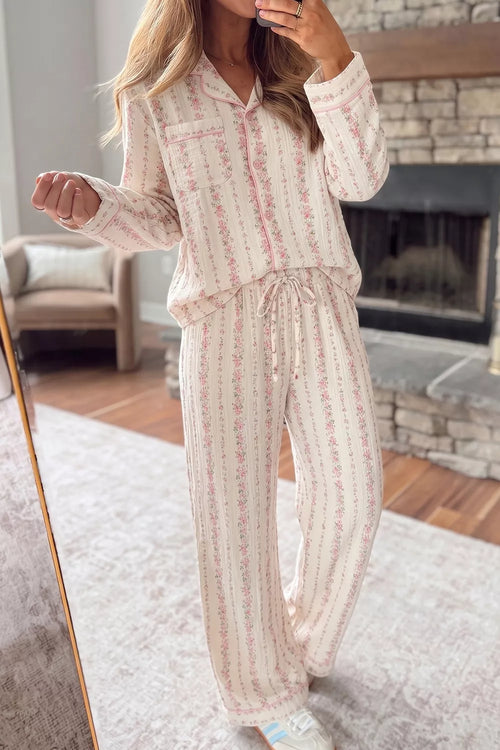 Sunday Morning Floral Pajama Set – Blush Pink in Blush Pink styled on model