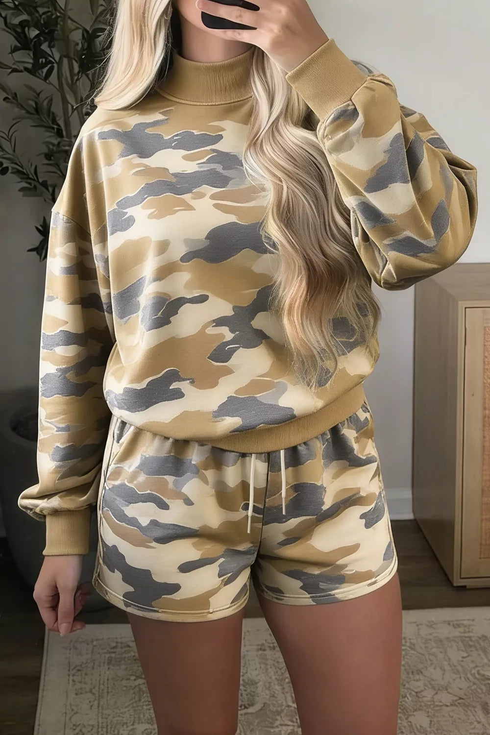 Wildside Camo Shorts Lounge Set – Green in Green Camouflage styled on model