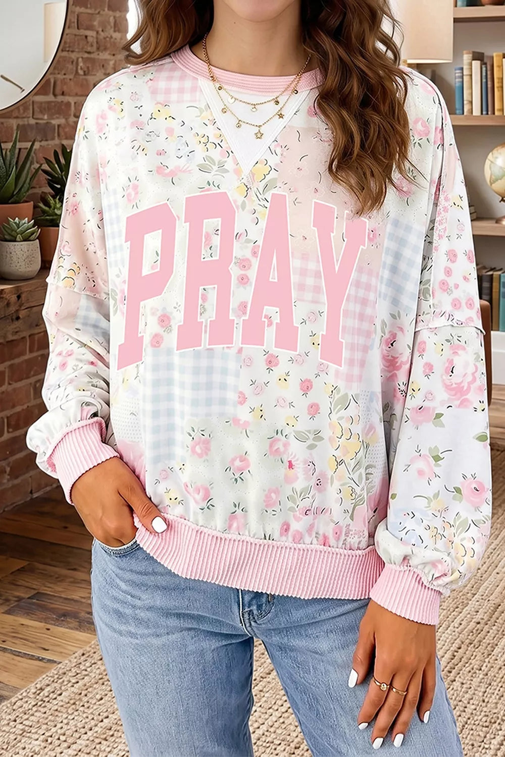 Pray Boldly Floral Patchwork Sweatshirt – Dusty Pink in Dusty Pink styled on model