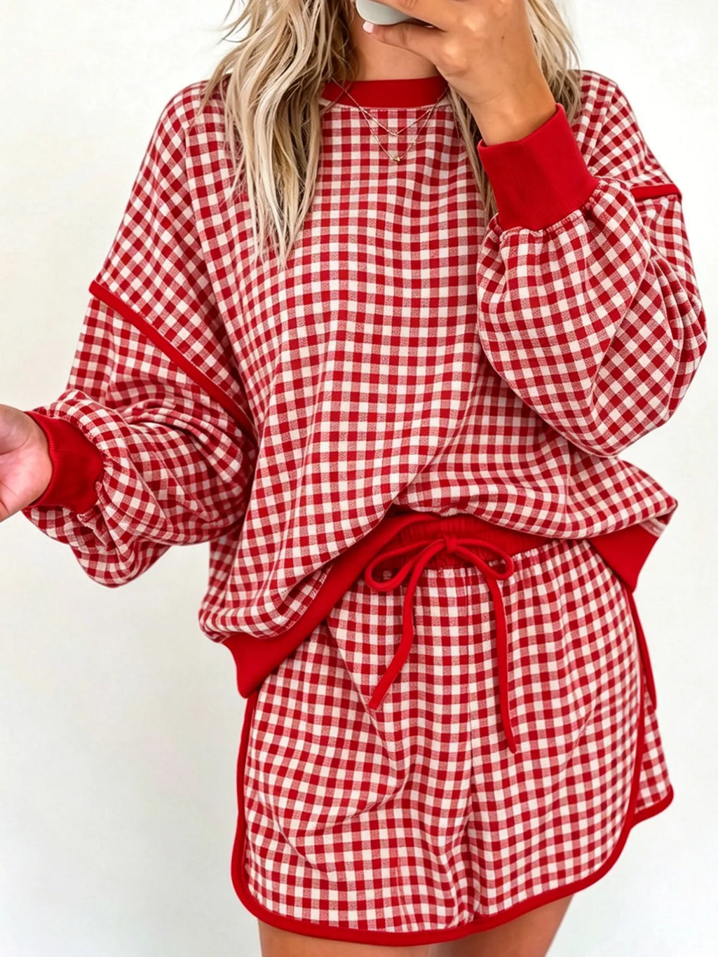 Ruby Gingham Lounge Set – Red in Red styled on model