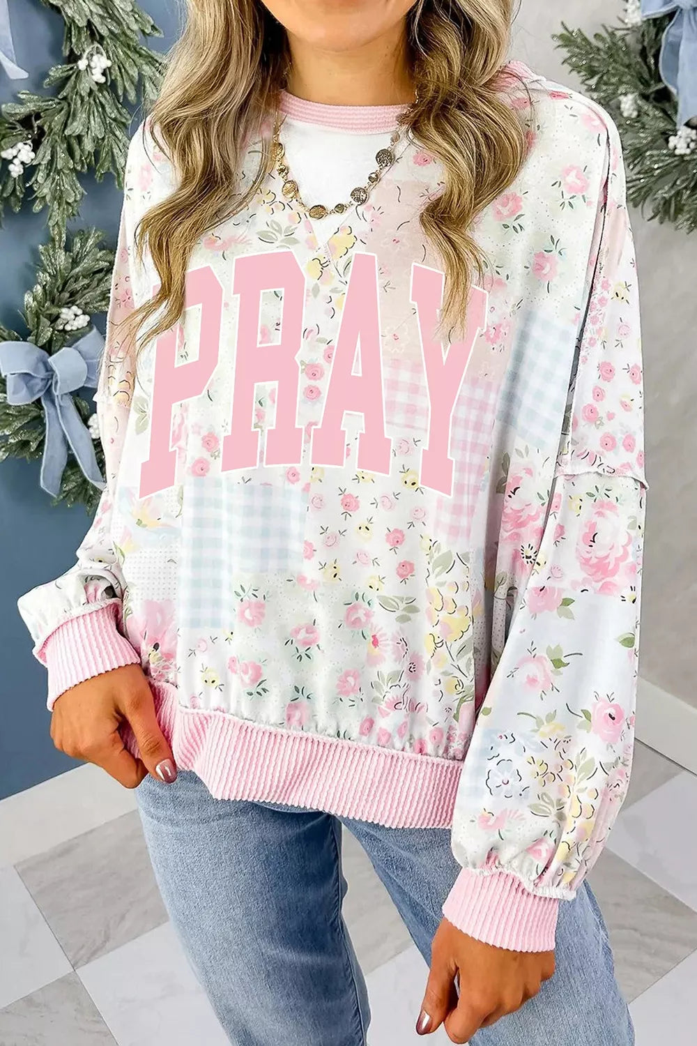 Pray Boldly Floral Patchwork Sweatshirt – Dusty Pink in Dusty Pink, product image 3