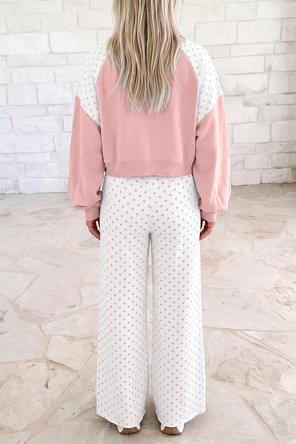 Millie Polka Dot Cropped Two-Piece Set in Pale Blush and Light Blue, product image 2