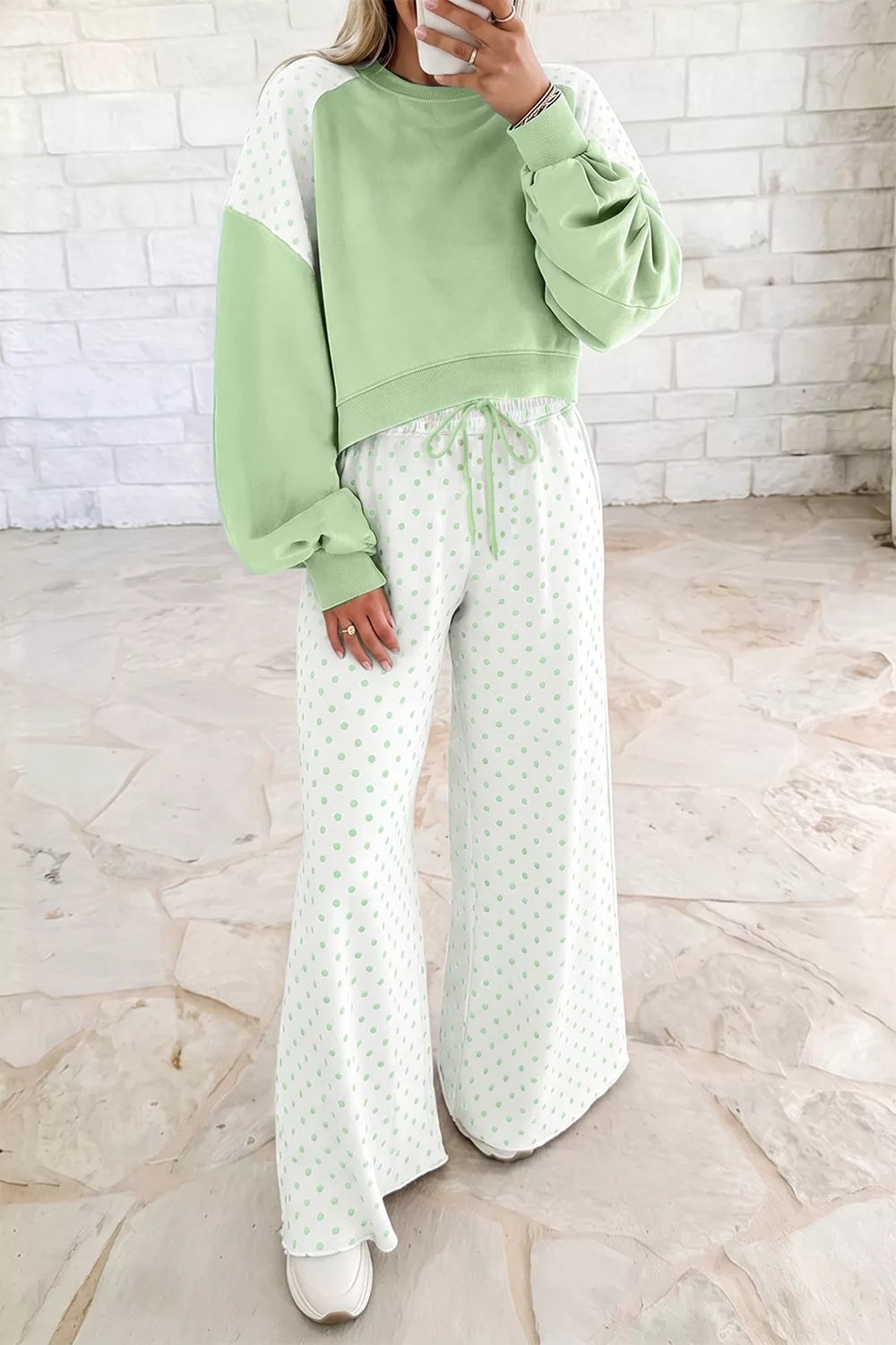 Sage Polka Dot Colorblock Pants Set – Gum Leaf in Gum Leaf styled on model