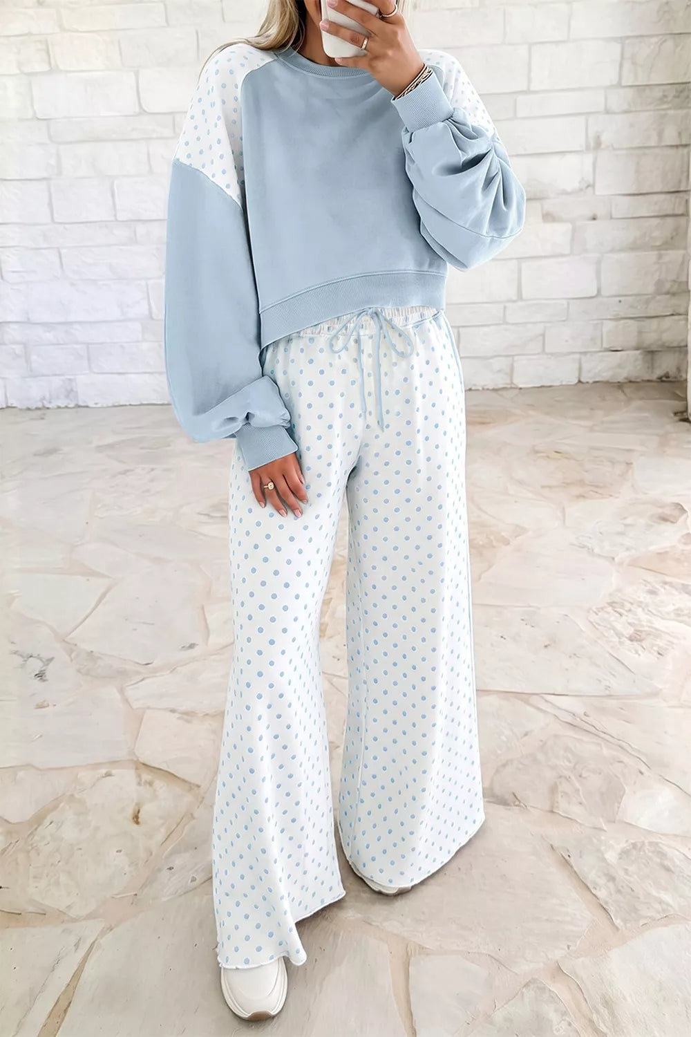 Millie Polka Dot Cropped Two-Piece Set in Pale Blush and Light Blue, product image 13