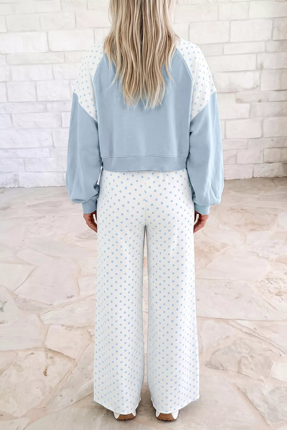 Millie Polka Dot Cropped Two-Piece Set in Pale Blush and Light Blue, product image 14