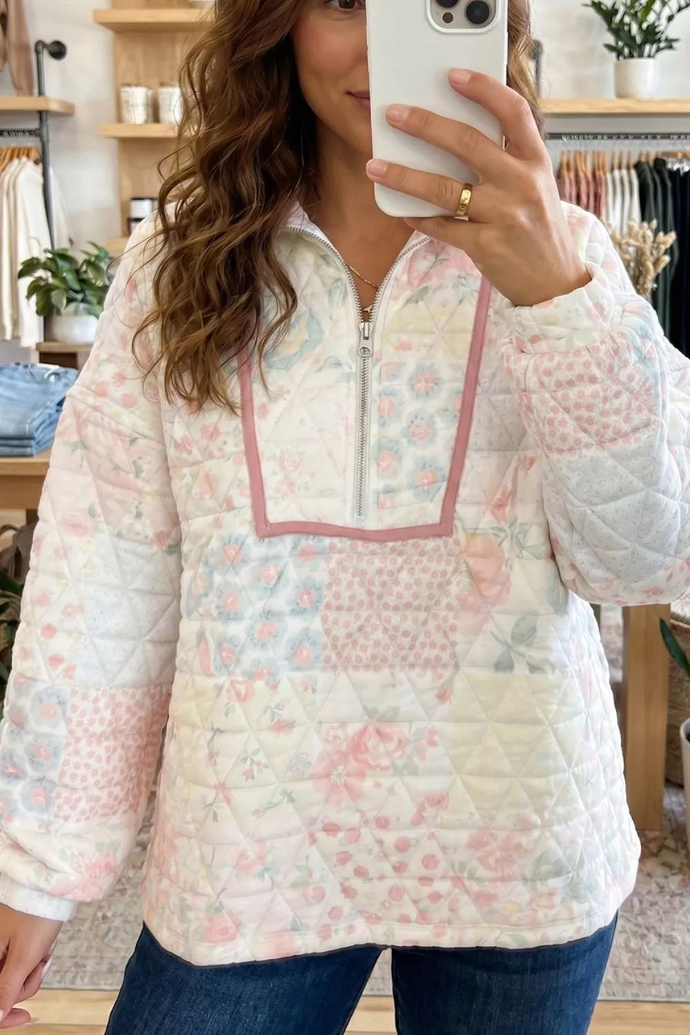 Rosalie Quilted Floral Pullover – Dusty Pink in Dusty Pink styled on model