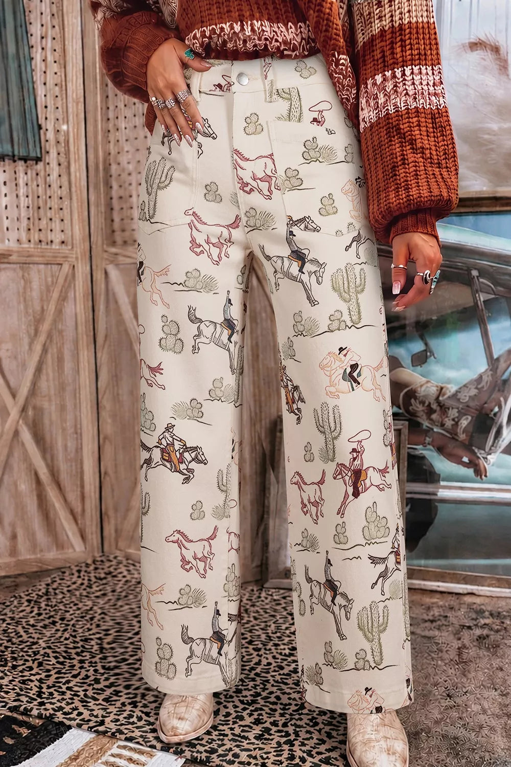 Wildflower Western Straight-Leg Jeans – Beige in Beige styled on model