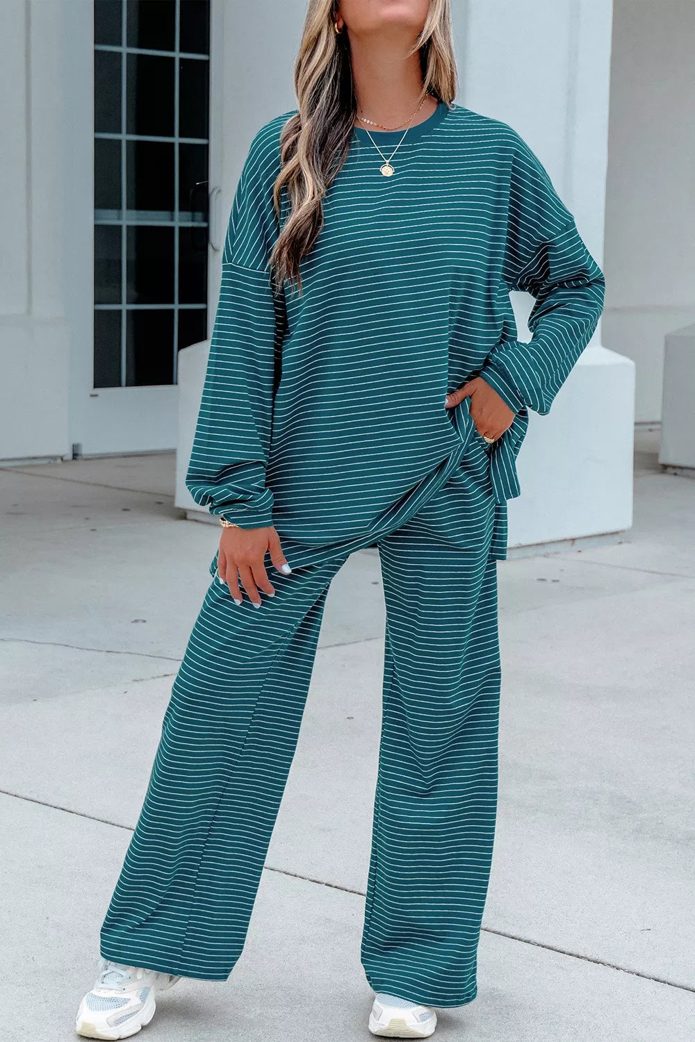 Haven Striped Pants Lounge Set – Air Force Blue in Air Force Blue styled on model