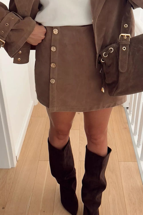 Blair Button-Front Mini Skort – Brown in Brown styled on model